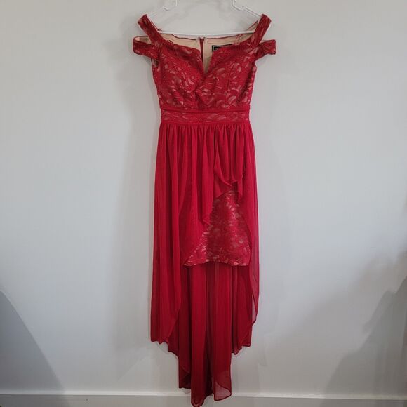 Morgan And Co Womens Off Shoulder Dress Size 3 Red Floral Lace Glitter Formal - Picture 1 of 8